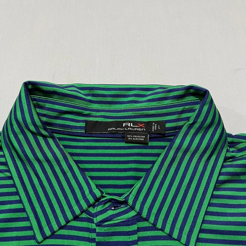 RLX Ralph Lauren Mens Green Blue Striped Chicago Golf Club Polo Shirt Size L